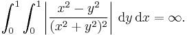 \int_0^1\int_0^1
\left|\frac{x^2-y^2}{(x^2%2By^2)^2}\right|\,\text{d}y\,\text{d}x=\infty.