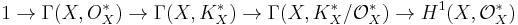 1 \to \Gamma (X, O^*_X) \to \Gamma (X, K^*_X) \to \Gamma (X, K^*_X / \mathcal O^*_X) \to H^1(X, \mathcal O^*_X)