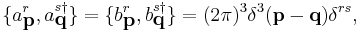 \{a^{r}_{\textbf{p}},a^{s \dagger}_{\textbf{q}}\} = \{b^{r}_{\textbf{p}},b^{s \dagger}_{\textbf{q}}\}=(2 \pi)^{3} \delta^{3} (\textbf{p}-\textbf{q}) \delta^{rs},\,