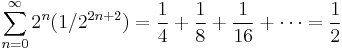  \sum_{n=0}^{\infty} 2^n(1/2^{2n %2B 2}) = \frac{1}{4} %2B \frac{1}{8} %2B \frac{1}{16} %2B \cdots = \frac{1}{2} \,