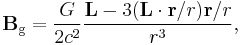 \mathbf{B}_\text{g} = \frac{G }{2 c^2} \frac{\mathbf{L} - 3(\mathbf{L} \cdot \mathbf{r}/r) \mathbf{r}/r}{r^3},