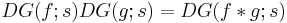 
DG(f;s) DG(g;s) = DG(f*g;s)\,
