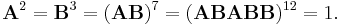 
{\mathbf A}^2 = {\mathbf B}^3 = ({\mathbf A}{\mathbf B})^7 = 
({\mathbf A}{\mathbf B}{\mathbf A}{\mathbf B}{\mathbf B})^{12} = 1.
