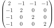 
\begin{pmatrix}
2  & -1 & -1 & -1\\
-1 &  2 &  0 &  0\\
-1 &  0 &  2 &  0\\
-1 &  0 &  0 &  2
\end{pmatrix}
