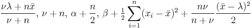 \frac{\nu\lambda%2Bn\bar{x}}{\nu%2Bn} ,\, \nu%2Bn,\, \alpha%2B\frac{n}{2} ,\, 
\beta %2B \tfrac{1}{2} \sum_{i=1}^n (x_i - \bar{x})^2 %2B \frac{n\nu}{n%2B\nu}\frac{(\bar{x}-\lambda)^2}{2} 