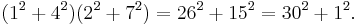 (1^2 %2B 4^2)(2^2 %2B 7^2) = 26^2 %2B 15^2 = 30^2 %2B 1^2.\,