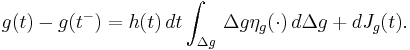 
\begin{align}
g(t)-g(t^-) & =h(t) \, dt \int_{\Delta g} \, \Delta g \eta_g(\cdot) \, d\Delta g %2B d J_g(t).
\end{align}
