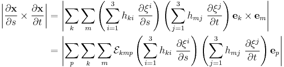 
  \begin{align}
\left|{\partial \mathbf{x} \over \partial s}\times {\partial \mathbf{x} \over \partial t}\right|
  & = \left|
     \sum_k \sum_m \left(\sum_{i=1}^3 h_{ki}~{\partial \xi^i \over \partial s}\right)\left(\sum_{j=1}^3 h_{mj}~{\partial \xi^j \over \partial t}\right) \mathbf{e}_{k}\times\mathbf{e}_{m}
    \right| \\
  & = \left|\sum_p \sum_k \sum_m \mathcal{E}_{kmp}\left(\sum_{i=1}^3 h_{ki}~{\partial \xi^i \over \partial s}\right)\left(\sum_{j=1}^3 h_{mj}~{\partial \xi^j \over \partial t}\right) \mathbf{e}_p \right|
  \end{align}
  