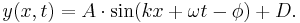 y(x,t) = A\cdot \sin(kx %2B \omega t- \phi ) %2B D.\,