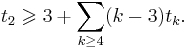 \displaystyle t_2 \geqslant 3 %2B \sum_{k\geq4} (k-3) t_k.\,\! 