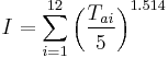 I = \sum_{i=1}^{12} \left(\frac{T_{ai}}{5}\right)^{1.514}