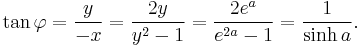  \tan\varphi = \frac{y}{-x} = \frac{2y}{y^2 - 1} = \frac{2e^a}{e^{2a} - 1} = \frac{1}{\sinh a}. 