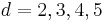  d=2,3,4,5 