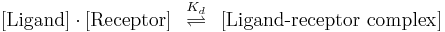 \left[\mathrm{Ligand}\right] \cdot \left[\mathrm{Receptor}\right]\;\;\overset{K_d}{\rightleftharpoons}\;\;\left[\text{Ligand-receptor complex}\right] 