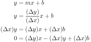 
\begin{align}
y & = mx %2B b \\
y & = \frac{(\Delta y)}{(\Delta x)} x %2B b \\
(\Delta x) y & = (\Delta y) x %2B (\Delta x) b \\
0 & = (\Delta y) x - (\Delta x) y %2B (\Delta x) b
\end{align}
