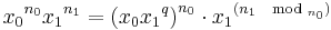  {x_0}^{n_0}{x_1}^{n_1}={(x_0{x_1}^{q})}^{n_0} \cdot {x_1}^{(n_1\mod_{n_0})}