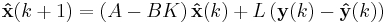 \mathbf{\hat{x}}(k%2B1) = \left(A - B K \right) \mathbf{\hat{x}}(k) %2B L \left(\mathbf{y}(k) - \mathbf{\hat{y}}(k)\right)