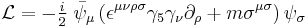 \mathcal{L}=-\tfrac{i}{2}\;\bar{\psi}_\mu \left ( \epsilon^{\mu \nu \rho \sigma} \gamma_5 \gamma_\nu \partial_\rho %2B m \sigma^{\mu \sigma} \right)\psi_\sigma