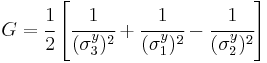 
   G = \cfrac{1}{2}\left[\cfrac{1}{(\sigma_3^y)^2} %2B \cfrac{1}{(\sigma_1^y)^2} - \cfrac{1}{(\sigma_2^y)^2}\right]
 