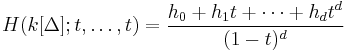  H(k[\Delta]; t,\ldots,t) = 
\frac{h_0 %2B h_1 t %2B \cdots %2B h_d t^d}{(1-t)^d} 