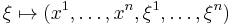 
\xi \mapsto (x^1,\ldots,x^n,\xi^1,\ldots,\xi^n)
