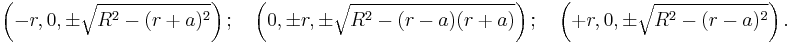 \left(-r, 0, \pm\sqrt{R^2 - (r%2Ba)^2}\right);\quad
       \left(0, \pm r, \pm\sqrt{R^2 - (r-a)(r%2Ba)}\right);\quad
       \left(%2Br, 0, \pm\sqrt{R^2 - (r-a)^2}\right).