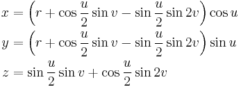 \begin{align}
x & = \left(r %2B \cos\frac{u}{2}\sin v - \sin\frac{u}{2}\sin 2v\right) \cos u\\
y & = \left(r %2B \cos\frac{u}{2}\sin v - \sin\frac{u}{2}\sin 2v\right) \sin u\\
z & = \sin\frac{u}{2}\sin v %2B \cos\frac{u}{2}\sin 2v
\end{align}