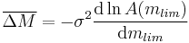 \overline{\Delta M} = - \sigma^2 \frac{\operatorname{d} \ln A(m_{lim})}{\operatorname{d} m_{lim}}