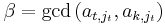 \beta =\gcd\left(a_{t,j_t}, a_{k,j_t}\right)