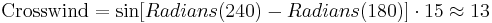 \text{Crosswind} = \sin[Radians(240)-Radians(180)] \cdot 15 \approx 13 