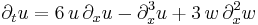 \displaystyle \partial_t u = 6\, u\, \partial_x u - \partial_x^3 u %2B 3\, w\, \partial_x^2 w