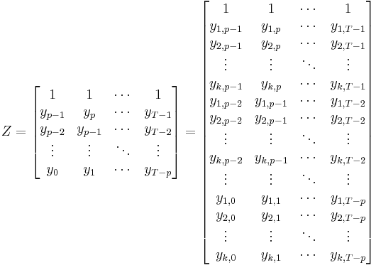 
Z=
\begin{bmatrix}
1 & 1 & \cdots & 1 \\
y_{p-1} & y_{p} & \cdots & y_{T-1}\\
y_{p-2} & y_{p-1} & \cdots & y_{T-2}\\
\vdots & \vdots & \ddots & \vdots\\
y_{0} & y_{1} & \cdots & y_{T-p}
\end{bmatrix} =
\begin{bmatrix}
1 & 1 & \cdots & 1 \\
y_{1,p-1} & y_{1,p} & \cdots & y_{1,T-1} \\
y_{2,p-1} & y_{2,p} & \cdots & y_{2,T-1} \\
\vdots & \vdots & \ddots & \vdots\\
y_{k,p-1} & y_{k,p} & \cdots & y_{k,T-1} \\
y_{1,p-2} & y_{1,p-1} & \cdots & y_{1,T-2} \\
y_{2,p-2} & y_{2,p-1} & \cdots & y_{2,T-2} \\
\vdots & \vdots & \ddots & \vdots\\
y_{k,p-2} & y_{k,p-1} & \cdots & y_{k,T-2} \\
\vdots & \vdots & \ddots & \vdots\\
y_{1,0} & y_{1,1} & \cdots & y_{1,T-p} \\
y_{2,0} & y_{2,1} & \cdots & y_{2,T-p} \\
\vdots & \vdots & \ddots & \vdots\\
y_{k,0} & y_{k,1} & \cdots & y_{k,T-p} 
\end{bmatrix}
