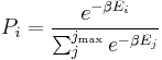 P_i = {e^{-\beta E_i}\over{\sum_j^{j_{\rm max}}e^{-\beta E_j}}}