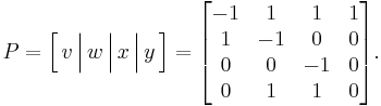  P = \Big[ \,v\, \Big| \,w\, \Big| \,x\, \Big| \,y\, \Big] = 
\begin{bmatrix}
-1 &  1 &  1 &  1 \\
 1 & -1 &  0 &  0 \\ 
 0 &  0 & -1 &  0 \\
 0 &  1 &  1 &  0
\end{bmatrix}. 