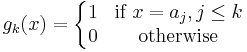  g_k(x) = \left\{\begin{matrix} 1 & \mbox{if }  x = a_j, j\leq k \\
0 & \mbox{otherwise} \end{matrix} \right. 