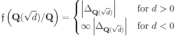 \mathfrak{f}\left(\mathbf{Q}(\sqrt{d})/\mathbf{Q}\right) = \begin{cases}
\left|\Delta_{\mathbf{Q}(\sqrt{d})}\right| & \text{for }d>0 \\
\infty\left|\Delta_{\mathbf{Q}(\sqrt{d})}\right| & \text{for }d<0
\end{cases}