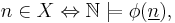 n \in X \Leftrightarrow \mathbb{N} \models \phi(\underline n),