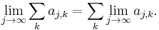 \lim_{j\to\infty} \sum_k a_{j,k} = \sum_k \lim_{j\to\infty} a_{j,k}.