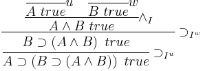 
 \cfrac{\cfrac{\cfrac{{}}{A \ true} u \quad \cfrac{{}}{B \ true} w}{A \wedge B \ true}\wedge_I}{
 \cfrac{B \supset \left ( A \wedge B \right ) \ true}{
 A \supset \left ( B \supset \left ( A \wedge B \right ) \right ) \ true
 } \supset_{I^u}
 } \supset_{I^w}
 