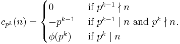 
c_{p^k}(n) = 
\begin{cases}
0         &\mbox{  if }p^{k-1}\nmid n\\
-p^{k-1}  &\mbox{  if }p^{k-1}\mid n \mbox{ and }p^k\nmid n\\
\phi(p^k) &\mbox{  if }p^k\mid n\\
\end{cases}
.