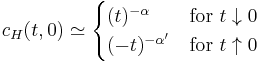  c_H(t,0) \simeq \begin{cases}
	(t)^{-\alpha} & \textrm{for} \ t \downarrow 0 \\
	(-t)^{-\alpha'} & \textrm{for} \ t \uparrow 0 \end{cases}
 