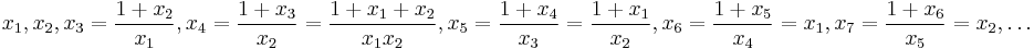  x_1, x_2, x_3=\frac{1%2Bx_2}{x_1}, x_4=\frac{1%2Bx_3}{x_2}=\frac{1%2Bx_1%2Bx_2}{x_1x_2},  x_5=\frac{1%2Bx_4}{x_3}=\frac{1%2Bx_1}{x_2},
x_6=\frac{1%2Bx_5}{x_4}=x_1,x_7=\frac{1%2Bx_6}{x_5}=x_2,\ldots