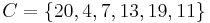 C=\lbrace 20,4,7,13,19,11\rbrace