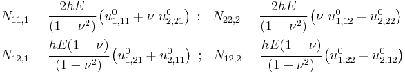 
  \begin{align}
    N_{11,1} & = \cfrac{2hE}{(1-\nu^2)}\left(u^0_{1,11} %2B \nu~u^0_{2,21}\right) ~;~~
    N_{22,2}  = \cfrac{2hE}{(1-\nu^2)}\left(\nu~u^0_{1,12} %2B u^0_{2,22}\right) \\
    N_{12,1} & = \cfrac{hE(1-\nu)}{(1-\nu^2)}\left(u^0_{1,21}%2Bu^0_{2,11}\right) ~;~~
    N_{12,2} = \cfrac{hE(1-\nu)}{(1-\nu^2)}\left(u^0_{1,22}%2Bu^0_{2,12}\right) 
  \end{align}
 