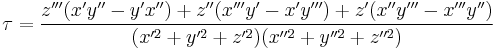 \tau=\frac{z'''(x'y''-y'x'')%2Bz''(x'''y'-x'y''')%2Bz'(x''y'''-x'''y'')}{(x'^2%2By'^2%2Bz'^2)(x''^2%2By''^2%2Bz''^2)}