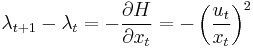 \lambda_{t%2B1} - \lambda_t = -\frac{\partial H}{\partial x_t} = -\left( \frac{u_t}{x_t} \right)^2