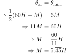 \begin{align}
\theta_{\text{hr}} &= \theta_{\text{min.}}\\
\Rightarrow \frac{1}{2}(60H %2B M) &= 6M\\
\Rightarrow 11M &= 60H\\
\Rightarrow M &= \frac{60}{11}H\\
\Rightarrow M &= 5.\overline{45}H
\end{align}