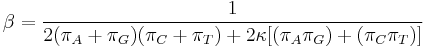 \beta  = \frac{1}{2(\pi_A %2B \pi_G)(\pi_C %2B \pi_T) %2B 2\kappa[(\pi_A\pi_G) %2B (\pi_C\pi_T)]} 