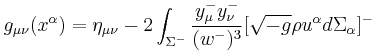 g_{\mu\nu}(x^\alpha)=\eta_{\mu\nu}-2\int_{\Sigma^-}{y_\mu^- y_\nu^-\over(w^-)^3} [\sqrt{-g}\rho u^\alpha d\Sigma_\alpha]^-