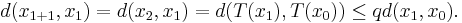 d(x_{1%2B1}, x_1) = d(x_2, x_1) = d(T(x_1), T(x_0)) \leq qd(x_1, x_0). \, 